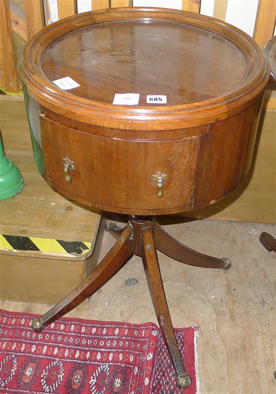 Circular drum topped tripod table